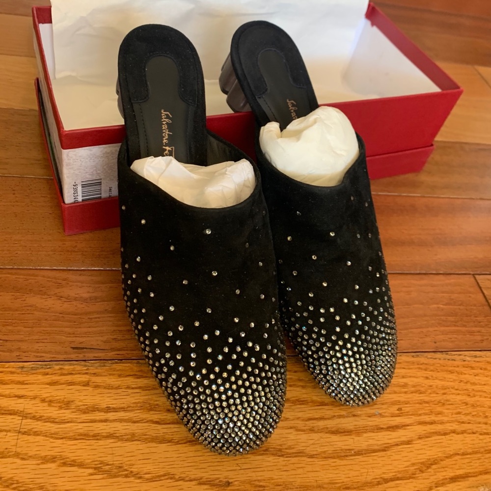 Salvatore Ferragamo Swarovski Studded Black Suede Livorno Mule